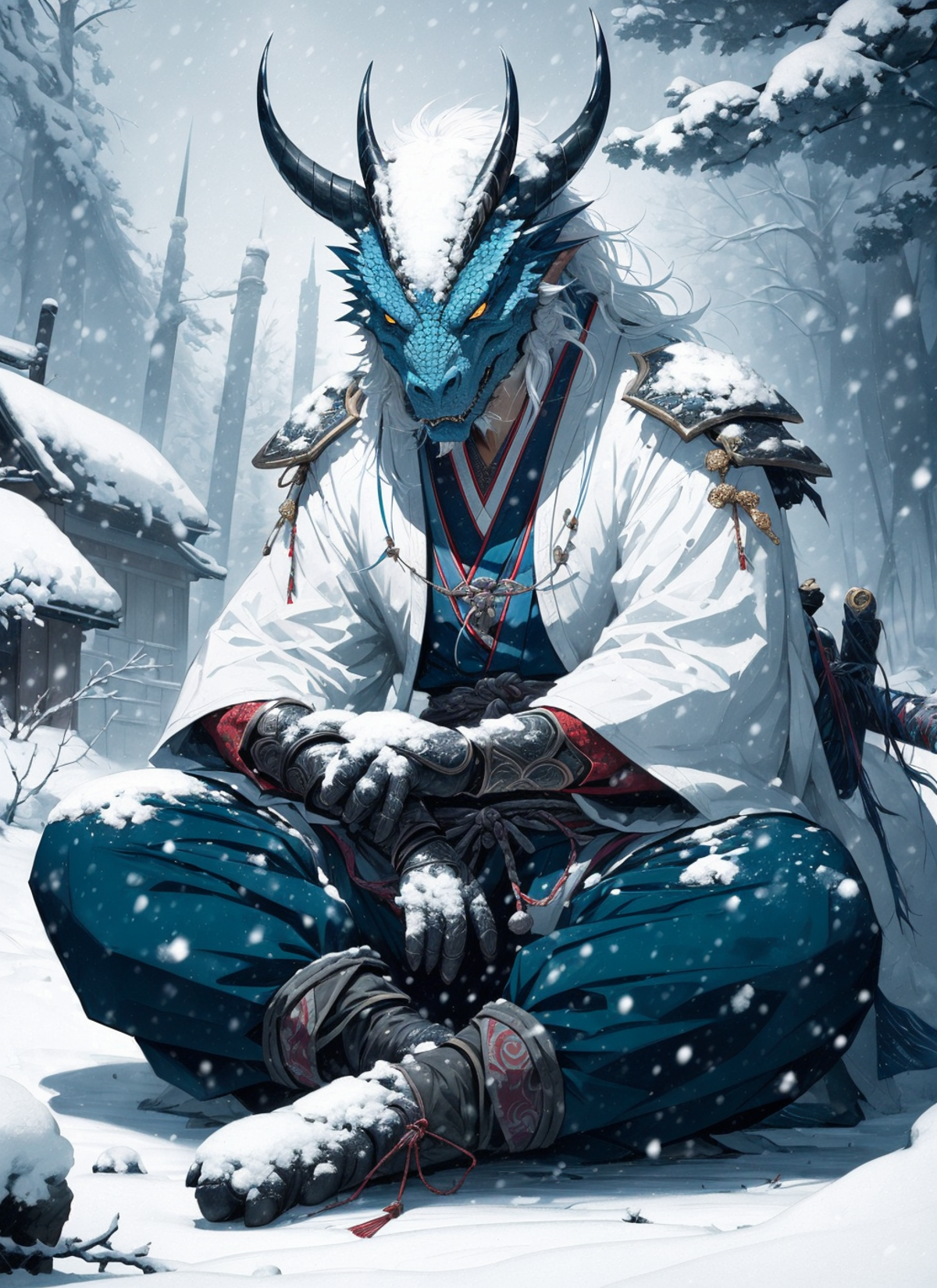 22072258-4161553122-blue dragonborn, solo, long hair, looking at viewer, male, sitting, yellow eyes, weapon, white hair, male focus, outdoors, japan.png